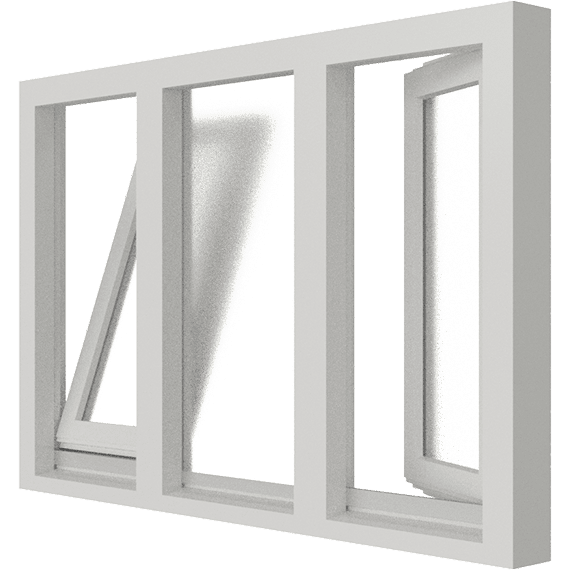 2 Draaikiepramen en vast raam | 3 vakken | hout