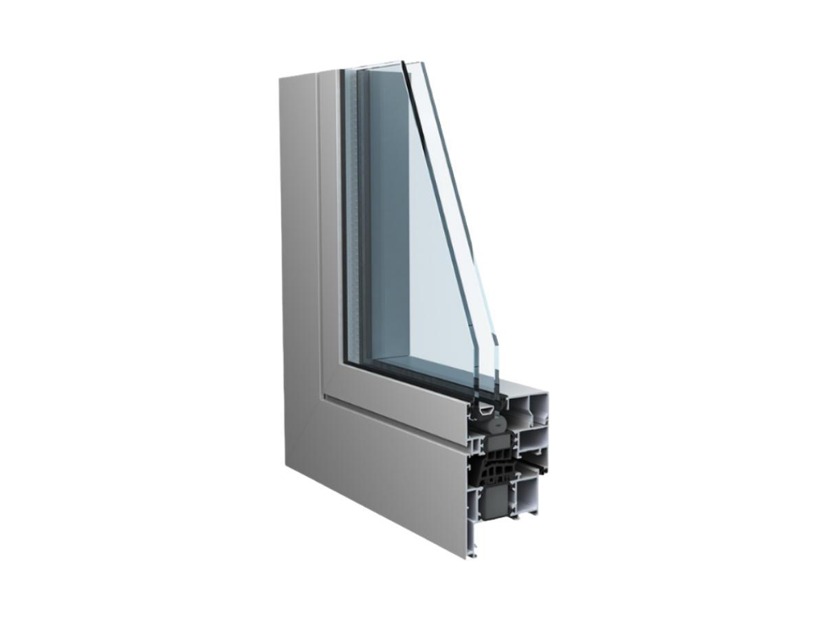 Doorsnede van het SAPA Avantis SmartLine 70 HI aluminium kozijnprofiel met drievoudige beglazing