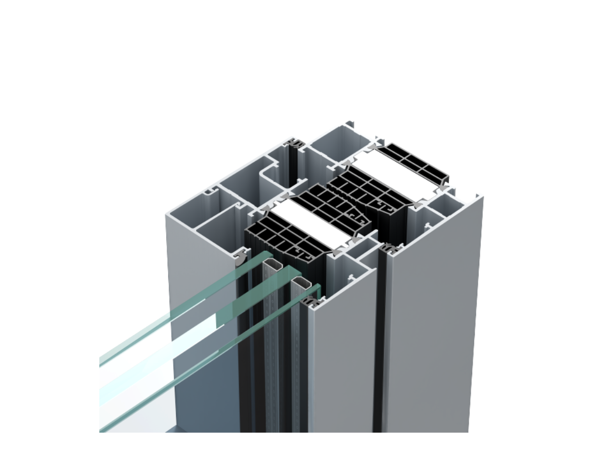 Doorsnede van het AluK Ventá aluminium raamprofiel met geïnstalleerd glas.