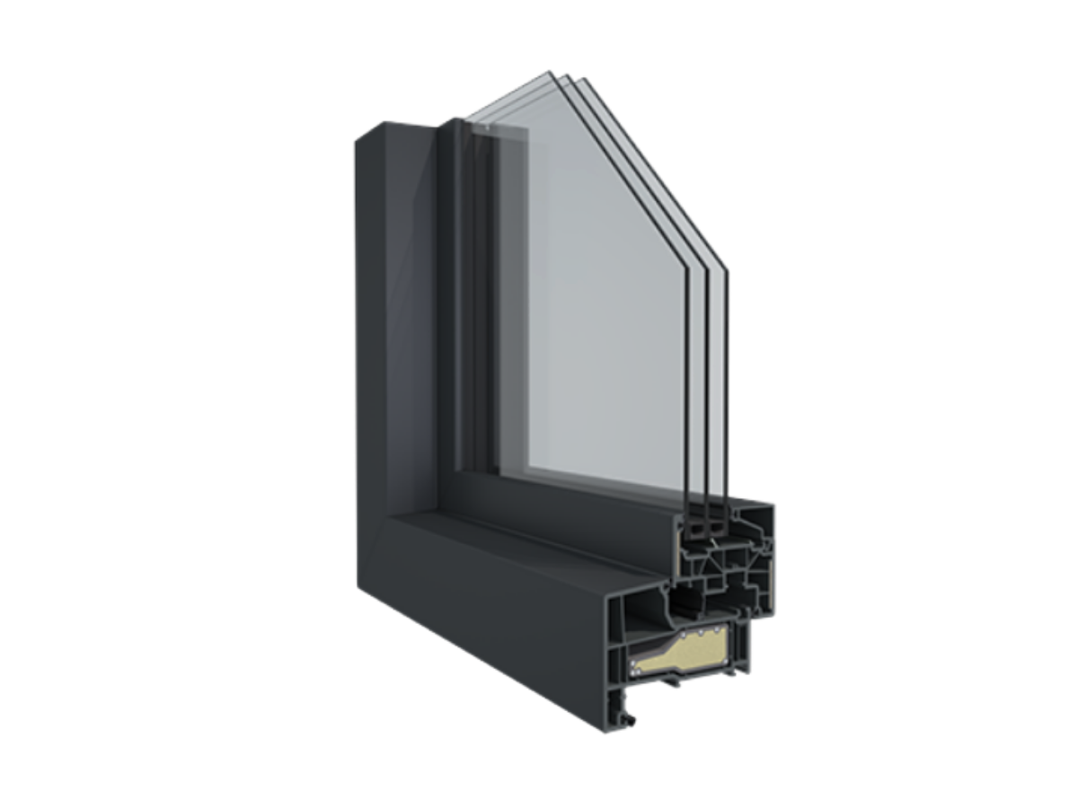 Doorsnede van het Deceuninck Elegant kunststof kozijnprofiel met drievoudige beglazing