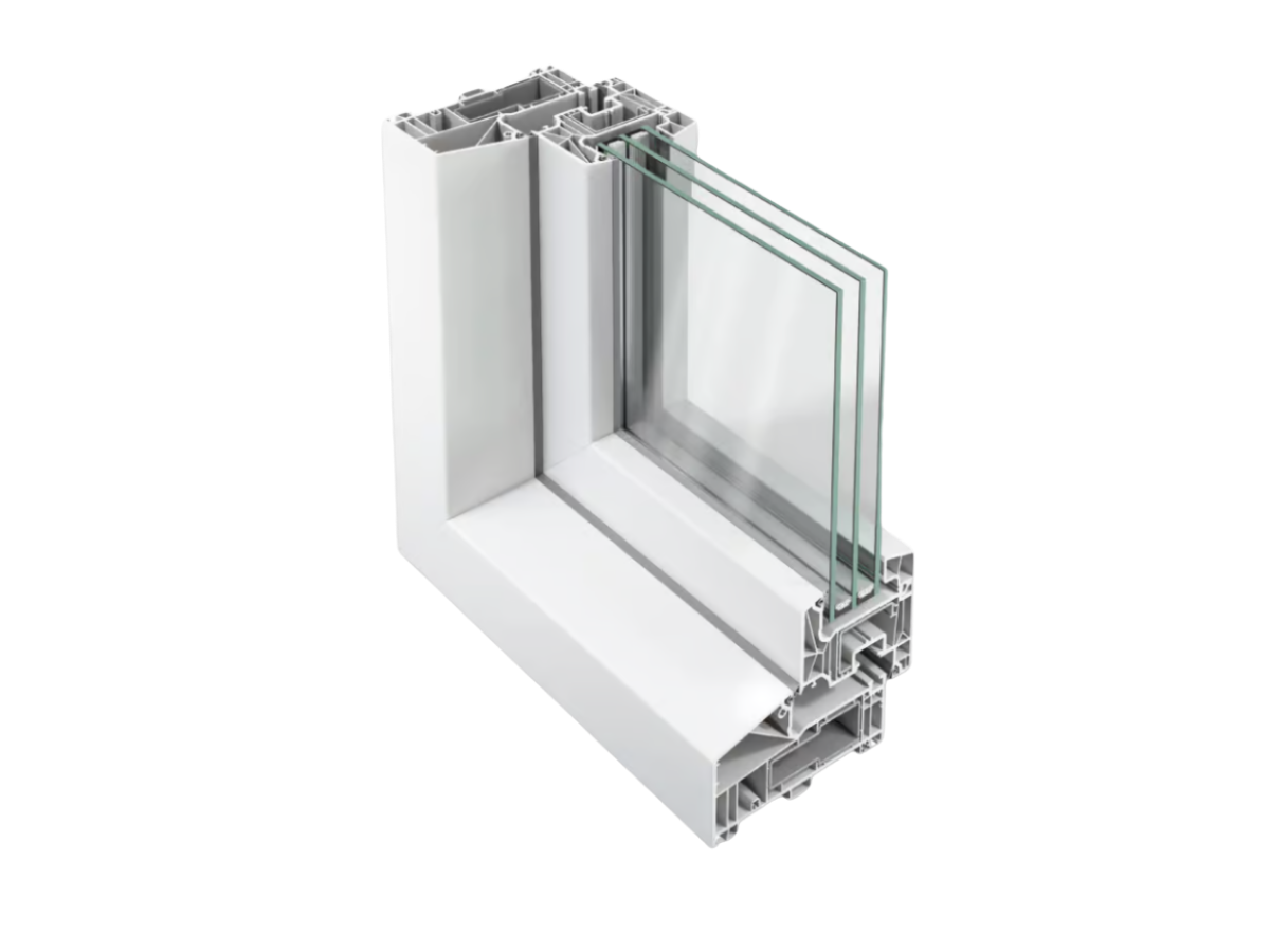 Doorsnede van het Schüco Living kunststof raamprofiel met driedubbele beglazing.