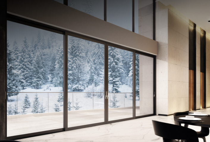 PVC schuifdeur met groot glas en uitzicht op besneeuwd landschap